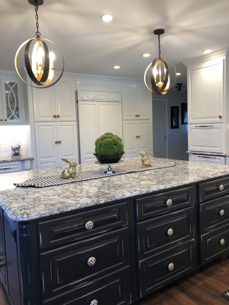 black distressed island with Cambria Countertops