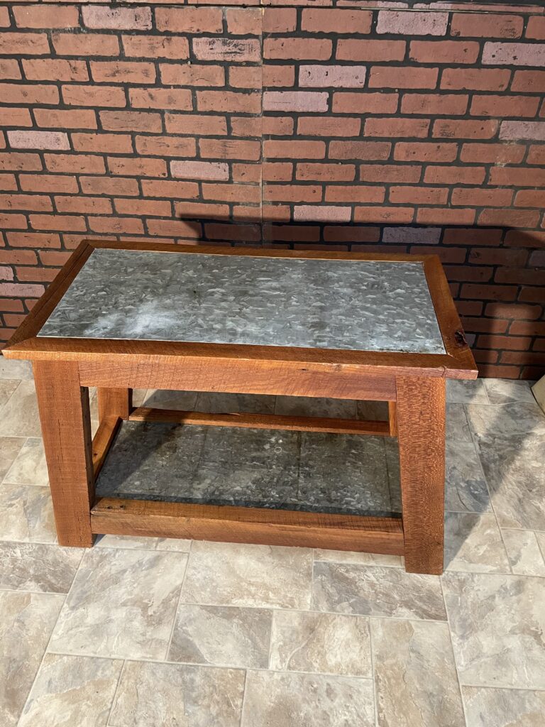 Reclaimed Lumber Table with barn metal top and shelf