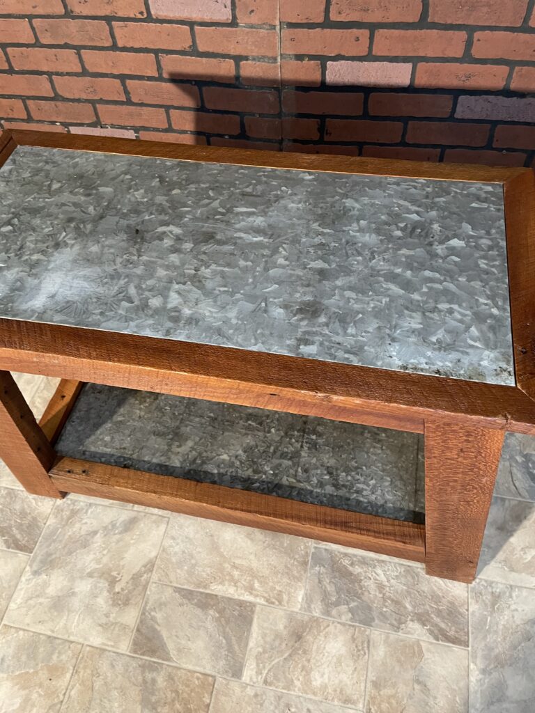 Reclaimed Lumber Table with barn metal top and shelf