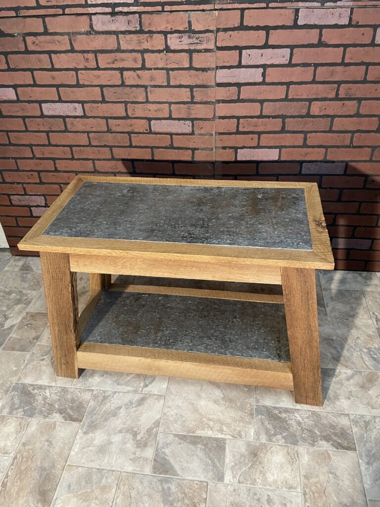 Reclaimed Lumber Table with barn metal top and shelf