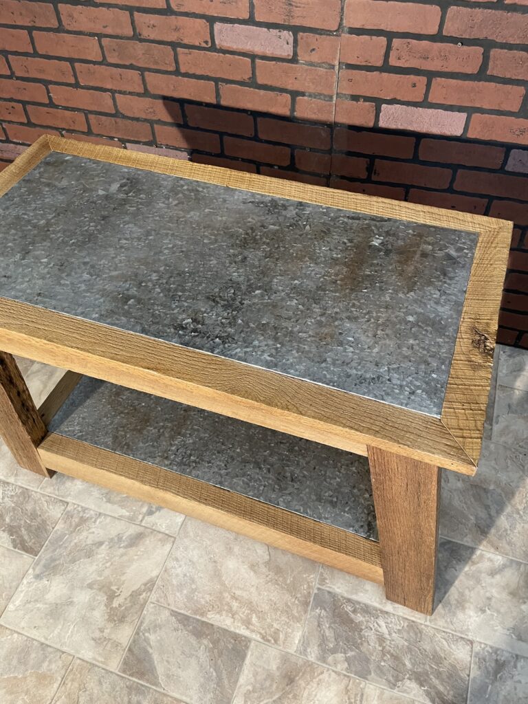 Reclaimed Lumber Table with barn metal top and shelf